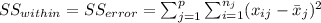 SS_{within}=SS_{error}=\sum_{j=1}^p \sum_{i=1}^{n_j} (x_{ij}-\bar x_j)^2