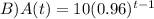 B) A(t)=10(0.96)^{t-1}