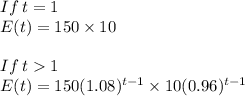 If\:t = 1\\E(t)=150\times10\\ \\If\:t 1\\E(t)=150(1.08)^{t-1}\times10(0.96)^{t-1}