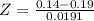 Z = \frac{0.14 - 0.19}{0.0191}
