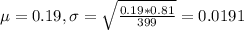 \mu = 0.19, \sigma = \sqrt{\frac{0.19*0.81}{399}} = 0.0191