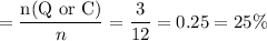 =\dfrac{\text{n(Q or C)}}{n} = \dfrac{3}{12} =0.25 = 25\%