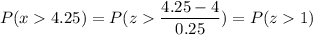 P( x  4.25) = P( z  \displaystyle\frac{4.25 - 4}{0.25}) = P(z  1)
