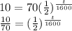 10=70(\frac{1}{2})^{\frac{t}{1600} }\\\frac{10}{70} =(\frac{1}{2})^{\frac{t}{1600} }\\