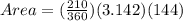 Area =(\frac{210}{360}) (3.142)(144)