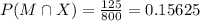 P(M\cap X)=\frac{125}{800}=0.15625