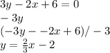 3y - 2x +6 = 0\\-3y\\(-3y - -2x+6)/-3\\y = \frac{2}{3} x -2