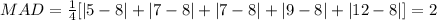 MAD=\frac{1}{4}[|5-8|+|7-8|+|7-8|+|9-8|+|12-8|]=2