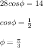 28 cos \phi = 14 \\ \\ cos \phi = \frac{1}{2} \\ \\ \phi = \frac{\pi}{3}