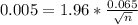 0.005 = 1.96*\frac{0.065}{\sqrt{n}}
