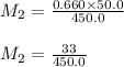 M_2 = \frac{0.660 \times 50.0}{450.0} \\\\M_2 = \frac{33}{450.0}