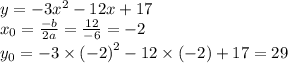 y =  - 3 {x}^{2}  - 12x + 17 \\ x_0 =  \frac{ - b}{2a }  =  \frac{12}{ - 6}  =  - 2 \\ y_0 =  - 3 \times  {( - 2)}^{2}  - 12 \times ( - 2) + 17 = 29