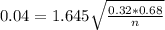 0.04 = 1.645\sqrt{\frac{0.32*0.68}{n}}