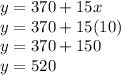 y=370+15x\\y=370+15(10)\\y=370+150\\y=520
