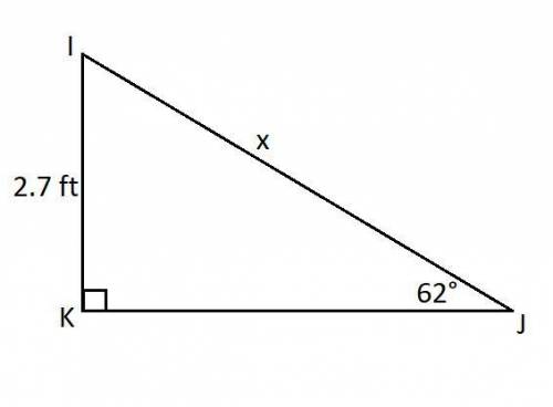 In AIJK, the measure of ZK=90° the measure of J=62 and KI = 2.7 feet. Find the length of IJ to the n