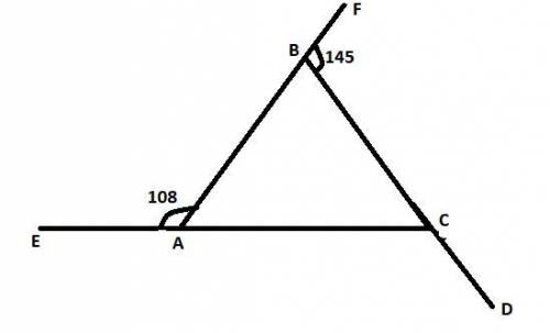 Triangle A B C with exterior angles is shown. Side C A is extended to point E, side A B is extended