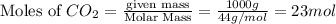 \text{Moles of }CO_2=\frac{\text{given mass}}{\text{Molar Mass}}=\frac{1000g}{44g/mol}=23mol