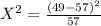 X^2 = \frac{(49 - 57)^2}{57}