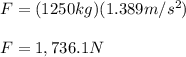F=(1250kg)(1.389m/s ^2)\\\\F=1,736.1N