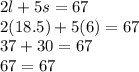 2l+5s=67\\2(18.5)+5(6)=67\\37+30=67\\67=67