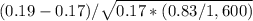 (0.19 - 0.17)/\sqrt{0.17*(0.83/1,600)}