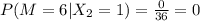 P(M=6|X_2=1)=\frac{0}{36}=0
