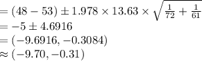 =(48-53)\pm 1.978\times 13.63\times\sqrt{\frac{1}{72}+\frac{1}{61}}\\=-5\pm 4.6916\\=(-9.6916, -0.3084)\\\approx (-9.70, -0.31)