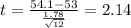 t=\frac{54.1-53}{\frac{1.78}{\sqrt{12}}}=2.14
