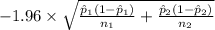 -1.96 \times {\sqrt{\frac{\hat p_1(1-\hat p_1)}{n_1}+ \frac{\hat p_2(1-\hat p_2)}{n_2}} }