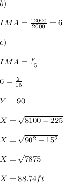 b) \\\\IMA = \frac{12000}{2000} = 6 \\\\ c) \\\\IMA = \frac{Y}{15} \\\\6= \frac{Y}{15}\\\\Y= 90\\\\X = \sqrt{8100-225}\\\\X = \sqrt{90^2-15^2} \\\\X= \sqrt{7875} \\\\X =88.74 ft\\\\