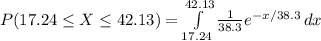 P(17.24\leq X\leq 42.13)=\int\limits^{42.13}_{17.24}{\frac{1}{38.3} e^{-x/38.3}}}\, dx