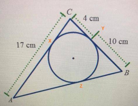 The circle is inscribed in the triangle. Find the length of AB. A. 14 cm B. 17 cm C. 23 cm D. 27 cm