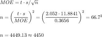 MOE=t\cdot s/\sqrt{n}\\\\n=\left(\dfrac{t\cdot s}{MOE}\right)^2=\left(\dfrac{2.052\cdot 11.8841}{0.3656}\right)^2=66.7^2\\\\\\n=4449.13\approx4450