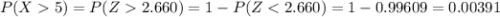 P(X5)= P(Z2.660)= 1-P(Z
