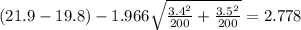 (21.9-19.8) -1.966 \sqrt{\frac{3.4^2}{200} +\frac{3.5^2}{200}}= 2.778