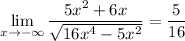 \displaystyle  \lim_{x \to -\infty} \frac{5x^2 + 6x}{\sqrt{16x^4 - 5x^2}} = \frac{5}{16}