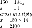 150 = 1day \\ x  \:  \:  \:  \:  = 14 \\cross\:multiply\\ x = 150 \times 14 \\ x = 2100 \\