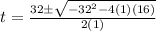 t = \frac{32 \pm \sqrt{-32^2 - 4(1)(16)}}{2(1)}