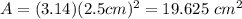 A = (3.14)(2.5 cm)^{2} =19.625 \ cm^{2}