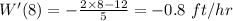 W'(8) =- \frac{2\times 8-12}{5} = -0.8 \ ft/hr