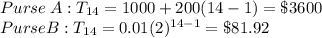 Purse \:A: T_{14}=1000+200(14-1)=\$3600\\Purse B: T_{14}=0.01(2)^{14-1}=\$81.92