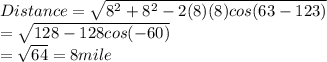 Distance=\sqrt{8^2+8^2-2(8)(8)cos (63 -123)}\\=\sqrt{128-128cos (-60)}\\=\sqrt{64}=8 mile