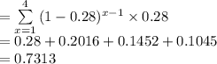 =\sum\limits^{4}_{x=1}{(1-0.28)^{x-1}\times 0.28}\\=0.28+0.2016+0.1452+0.1045\\=0.7313