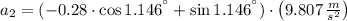 a_{2} = (-0.28\cdot \cos 1.146^{\textdegree}+\sin 1.146^{\textdegree})\cdot \left(9.807\,\frac{m}{s^{2}} \right)