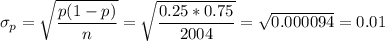 \sigma_p=\sqrt{\dfrac{p(1-p)}{n}}=\sqrt{\dfrac{0.25*0.75}{2004}}=\sqrt{ 0.000094 }=0.01