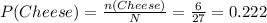 P(Cheese)=\frac{n(Cheese)}{N}=\frac{6}{27}=0.222