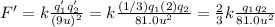 F'=k\frac{q_1'q_2'}{(9u)^2}=k\frac{(1/3)q_1(2)q_2}{81.0u^2}=\frac{2}{3}k\frac{q_1q_2}{81.0u^2}