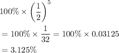 \begin{aligned}&100\% \times \left(\frac{1}{2}\right)^5 \\ &= 100\%\times \frac{1}{32} = 100\% \times 0.03125 \\&= 3.125\%\end{aligned}