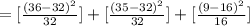 =[\frac{(36-32)^{2}}{32}]+[\frac{(35-32)^{2}}{32}]+[\frac{(9-16)^{2}}{16}]