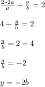 \frac{2*2a}{a}+\frac{y}{b}=2\\\\4+\frac{y}{b}=2\\\\\frac{y}{b}=2-4\\\\\frac{y}{b}=-2\\\\y=-2b
